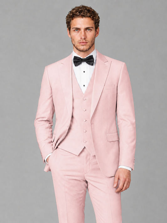 Savile Men's Blush Pink Peak Lapel 3-Piece Tuxedo Suit | Jacket, Vest & Trousers - Blush Pink