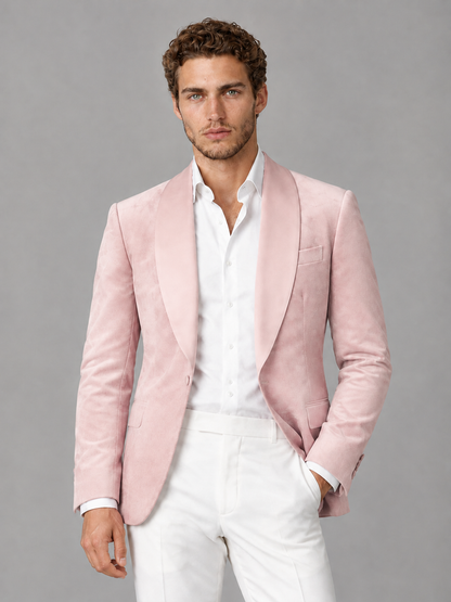 Savile Men's Blush Pink Velvet Shawl Lapel 2-Piece Tuxedo Suit Set | Jacket & White Trousers - Blush Pink - Blush Pink (1)
