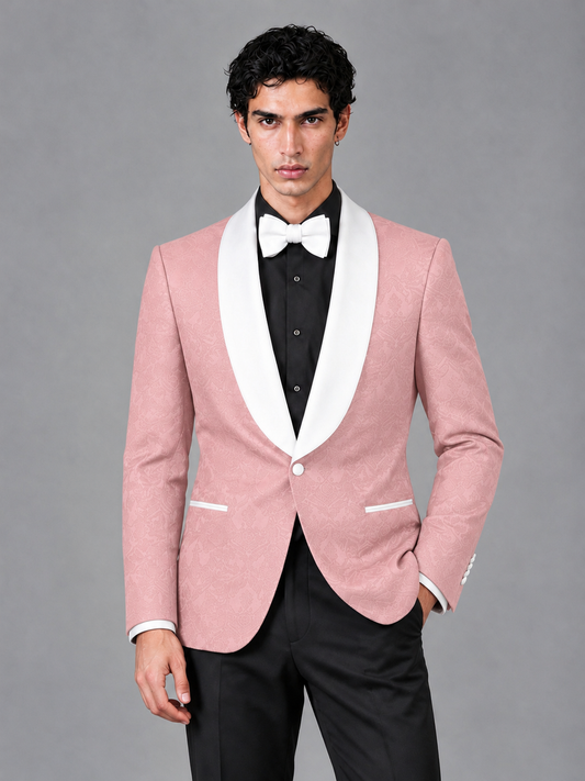 Savile Men's Blush Pink Jacquard White Shawl Lapel 2-Piece Tuxedo Suit Set | Jacket & Trousers - Blush Pink - Blush Pink (1)