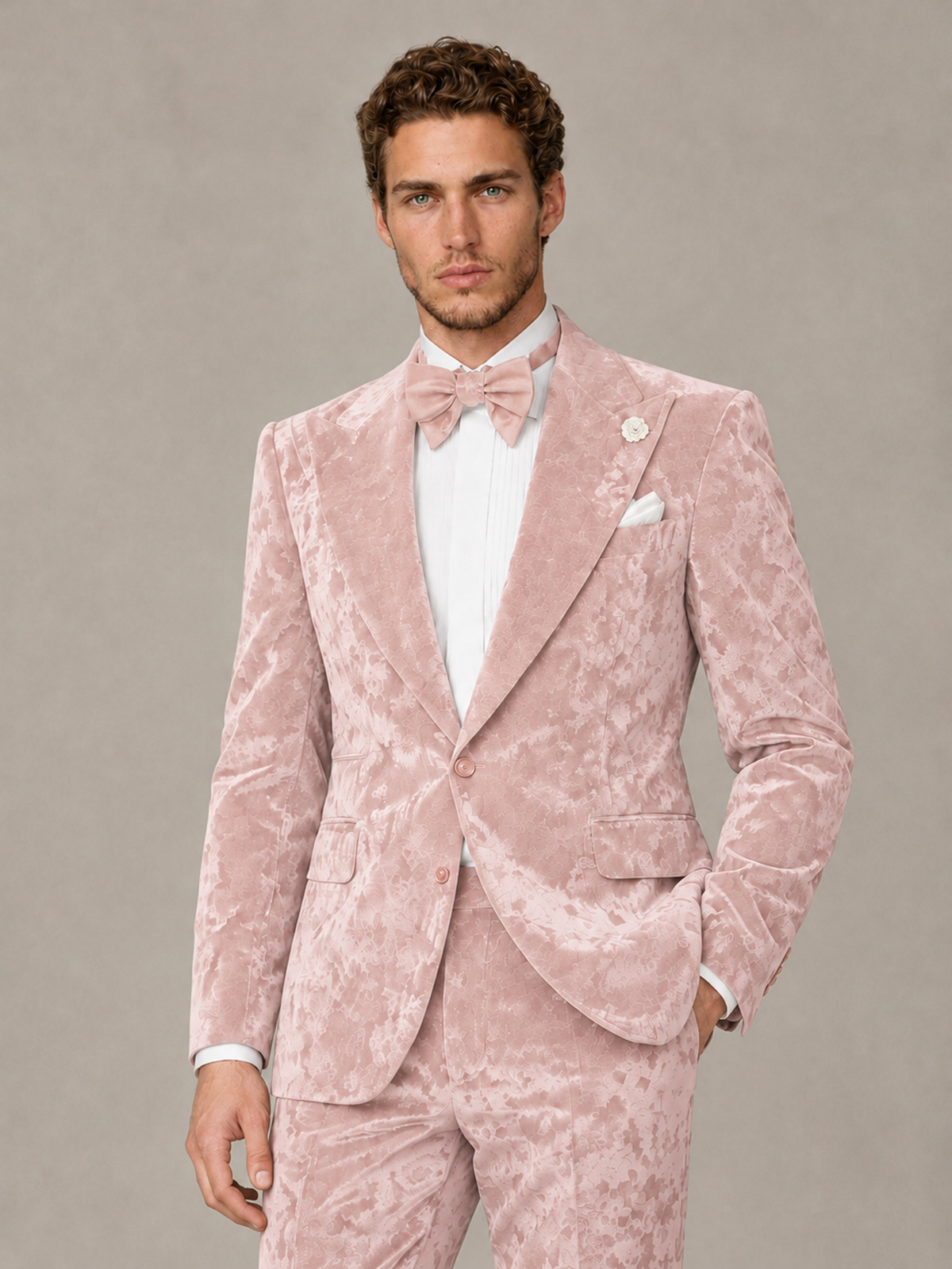 Savile Men's Blush Pink Crushed Velvet Peak Lapel 2-Piece Suit Set | Jacket & Trousers - Blush Pink - Blush Pink (1)