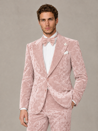 Savile Men's Blush Pink Crushed Velvet Peak Lapel 2-Piece Suit Set | Jacket & Trousers - Blush Pink - Blush Pink (1)