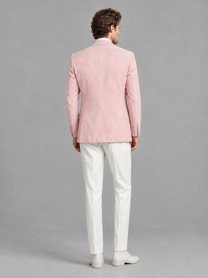 Savile Men's Blush Pink Velvet Shawl Lapel 2-Piece Tuxedo Suit Set | Jacket & White Trousers - Blush Pink - Blush Pink (2)