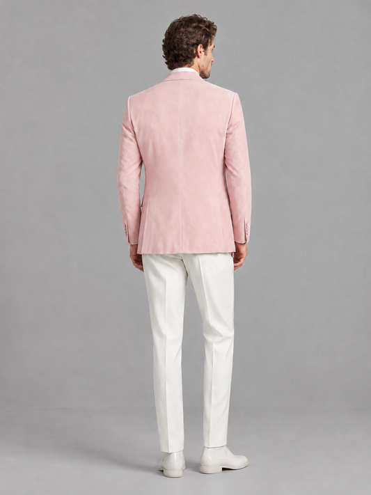 Savile Men's Blush Pink Velvet Shawl Lapel 2-Piece Tuxedo Suit Set | Jacket & White Trousers - Blush Pink - Blush Pink (2)