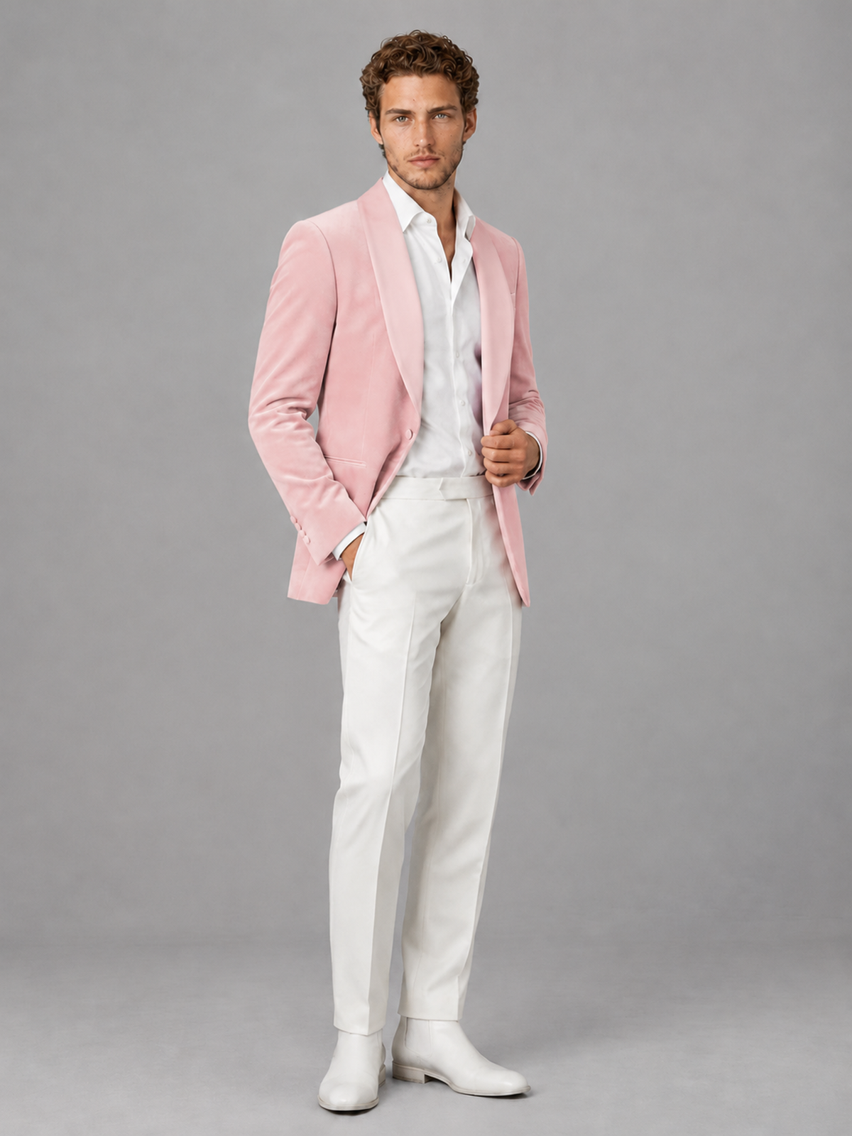 Savile Men's Blush Pink Velvet Shawl Lapel 2-Piece Tuxedo Suit Set | Jacket & White Trousers - Blush Pink - Blush Pink (3)