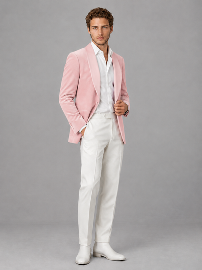 Savile Men's Blush Pink Velvet Shawl Lapel 2-Piece Tuxedo Suit Set | Jacket & White Trousers - Blush Pink - Blush Pink (3)