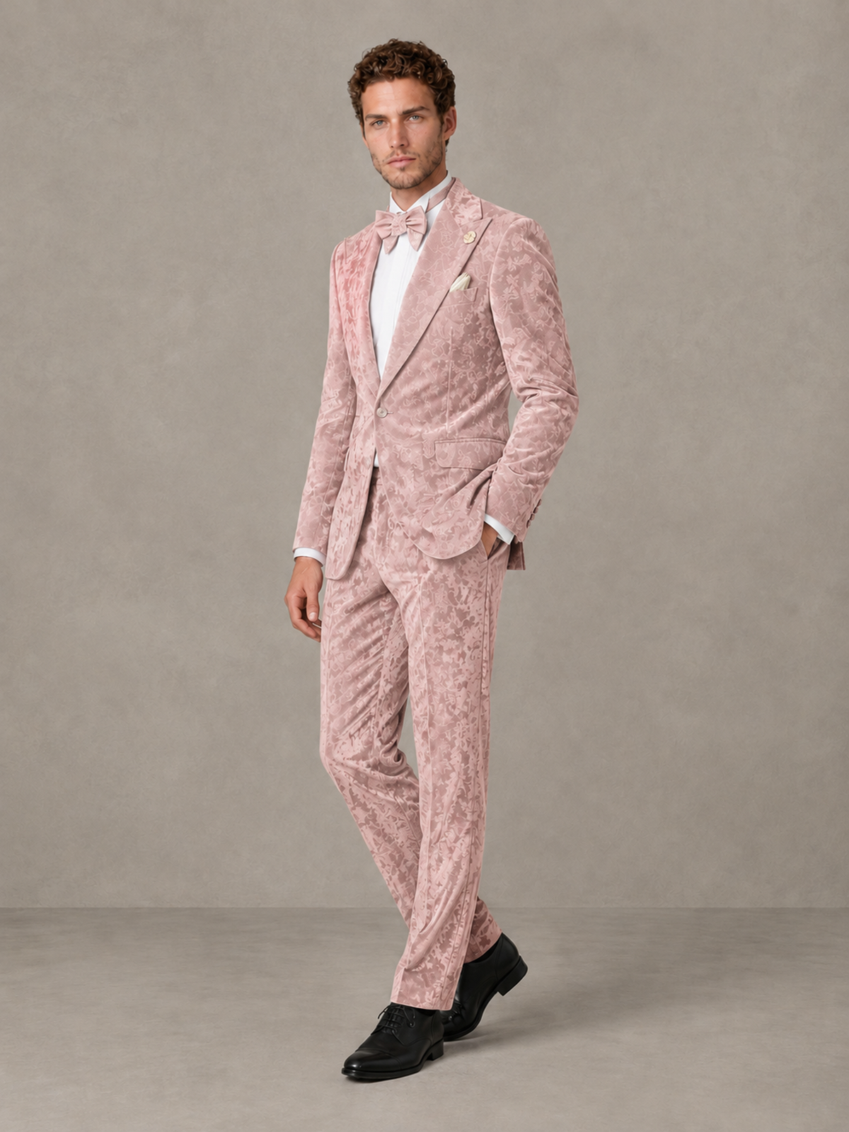 Savile Men's Blush Pink Crushed Velvet Peak Lapel 2-Piece Suit Set | Jacket & Trousers - Blush Pink - Blush Pink (3)