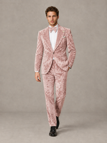 Savile Men's Blush Pink Crushed Velvet Peak Lapel 2-Piece Suit Set | Jacket & Trousers - Blush Pink - Blush Pink (4)