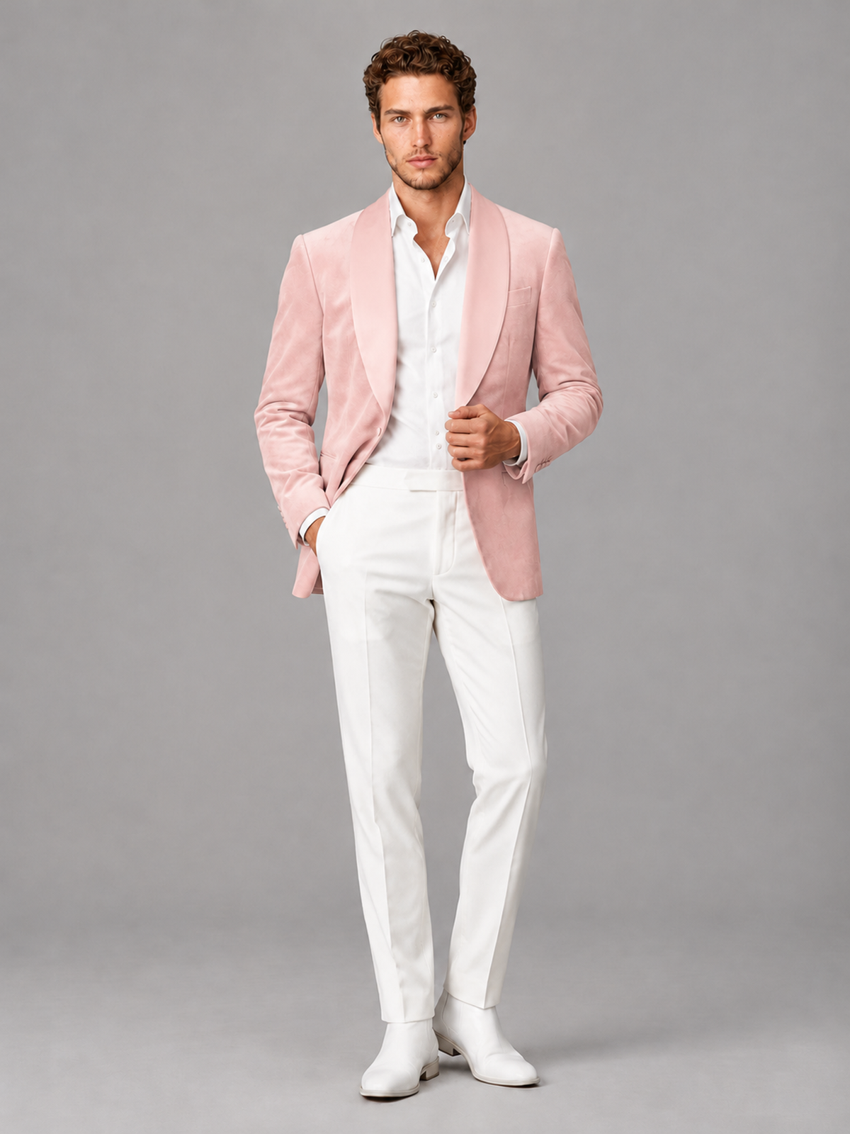 Savile Men's Blush Pink Velvet Shawl Lapel 2-Piece Tuxedo Suit Set | Jacket & White Trousers - Blush Pink - Blush Pink (4)