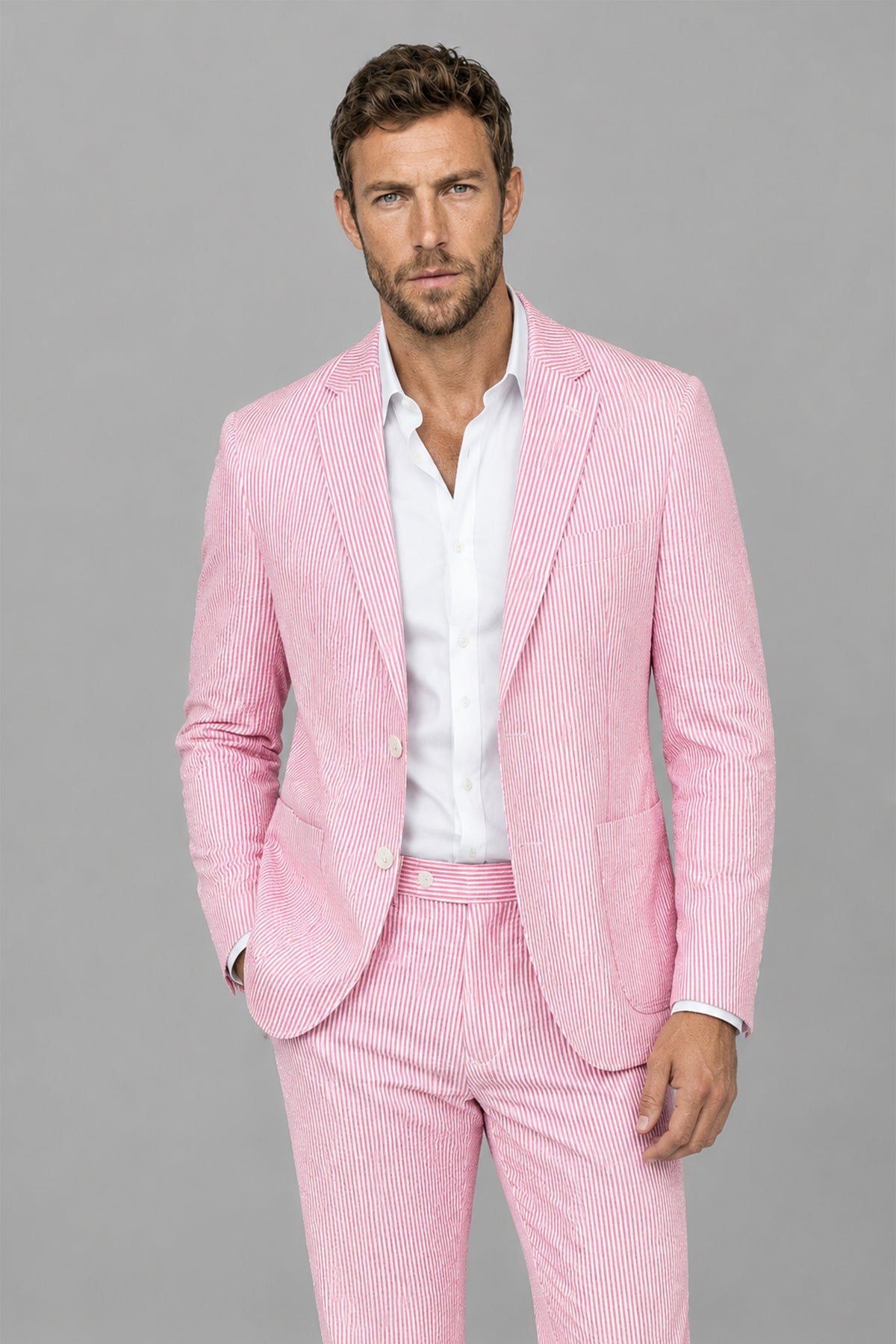 Savile Men's Blush Pink Striped 2-Piece Suit Set – Notch Lapel Blazer & Tailored Trousers