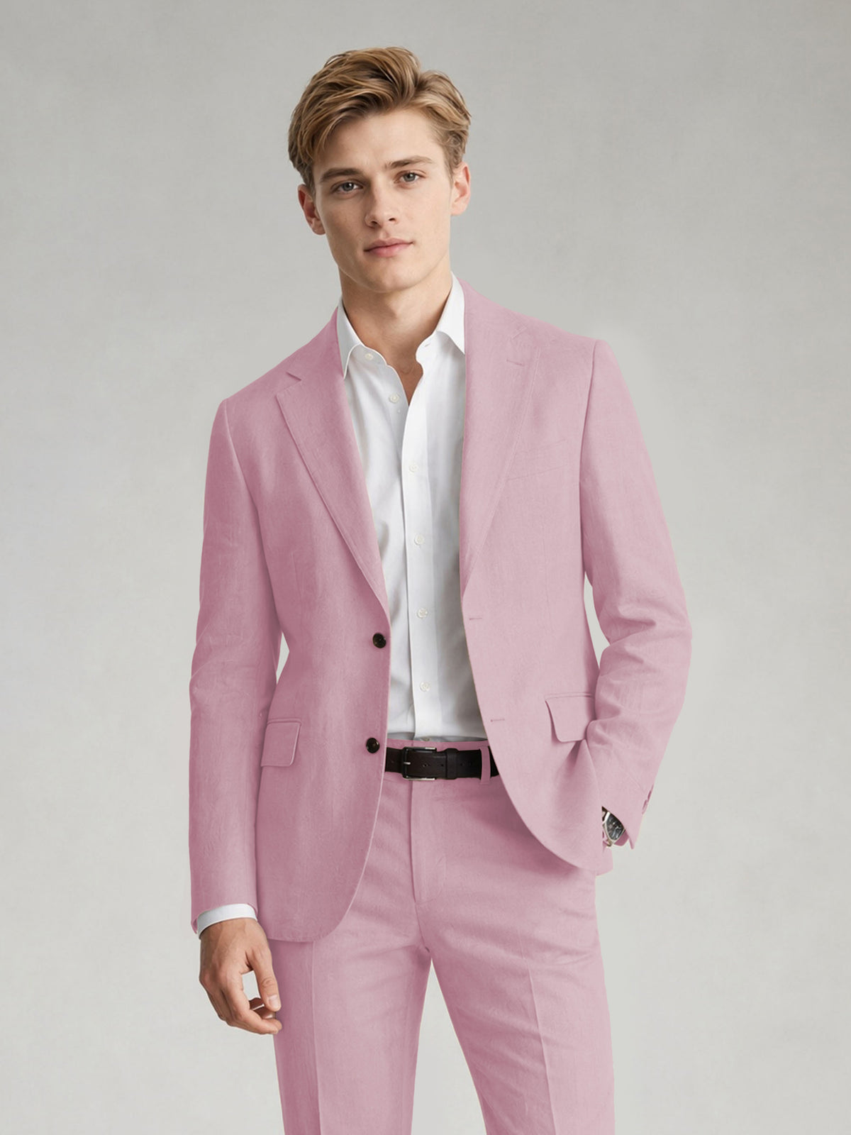 Savile Men's Sand Khaki Linen-Blend 2-Piece Suit Set – Two-Button Notch Lapel Slim-Fit Blazer & Slim Trousers - Blushing Pink - Blushing_Pink
