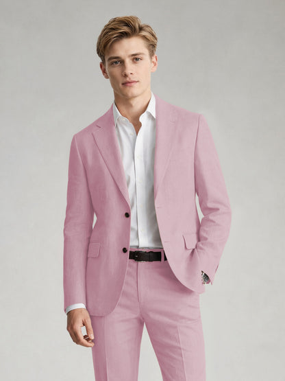 Savile Men's Sand Khaki Linen-Blend 2-Piece Suit Set – Two-Button Notch Lapel Slim-Fit Blazer & Slim Trousers - Blushing Pink - Blushing_Pink