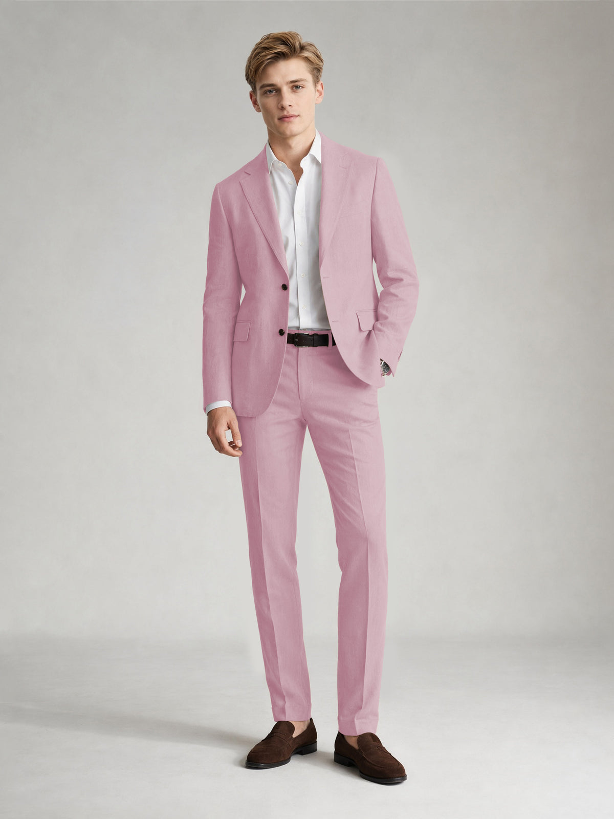 Savile Men's Sand Khaki Linen-Blend 2-Piece Suit Set – Two-Button Notch Lapel Slim-Fit Blazer & Slim Trousers - Blushing Pink - Blushing_Pink