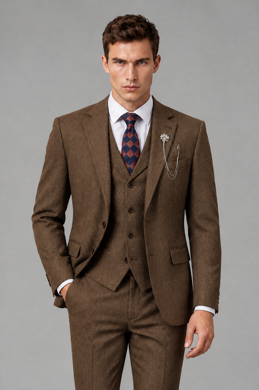 Savile Men's Grey Notch Lapel 3-Piece Suit Set | Jacket, Vest & Trousers - Brown - Brown