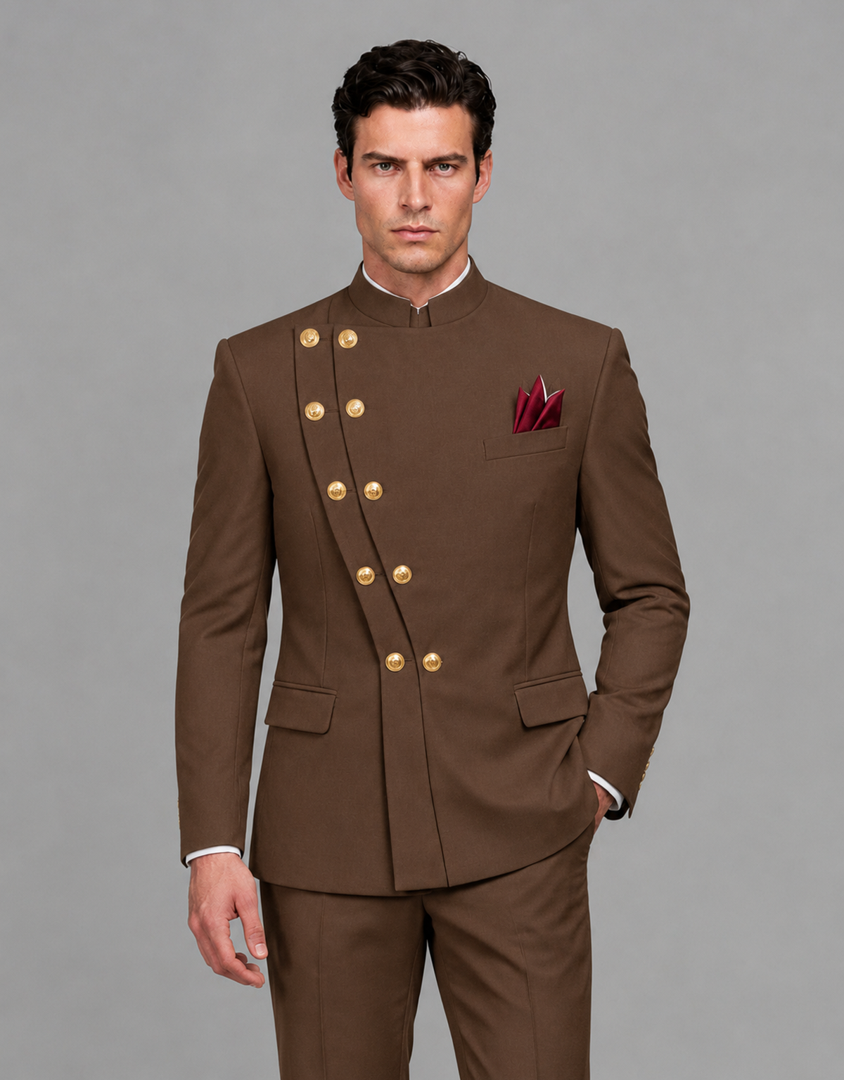 BOLODOO Men's Brown Asymmetrical Mandarin Collar Tuxedo Suit – Modern 2-Piece Gold Button Wedding, Prom & Gala Set - Brown - Brown_01