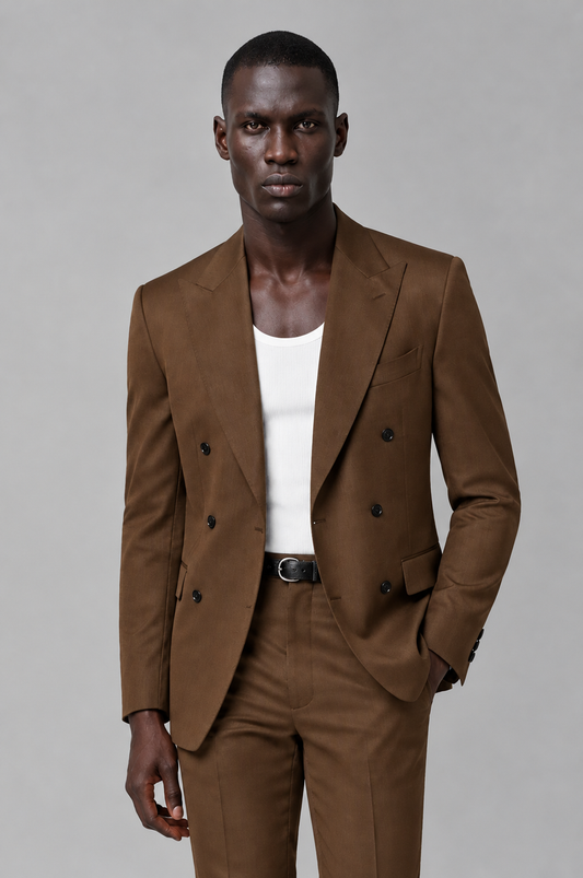 Savile Men's Brown Double Breasted Slim Fit 2-Piece Suit Set – Blazer & Trousers | Wedding Gala Formal - Brown - Brown_01