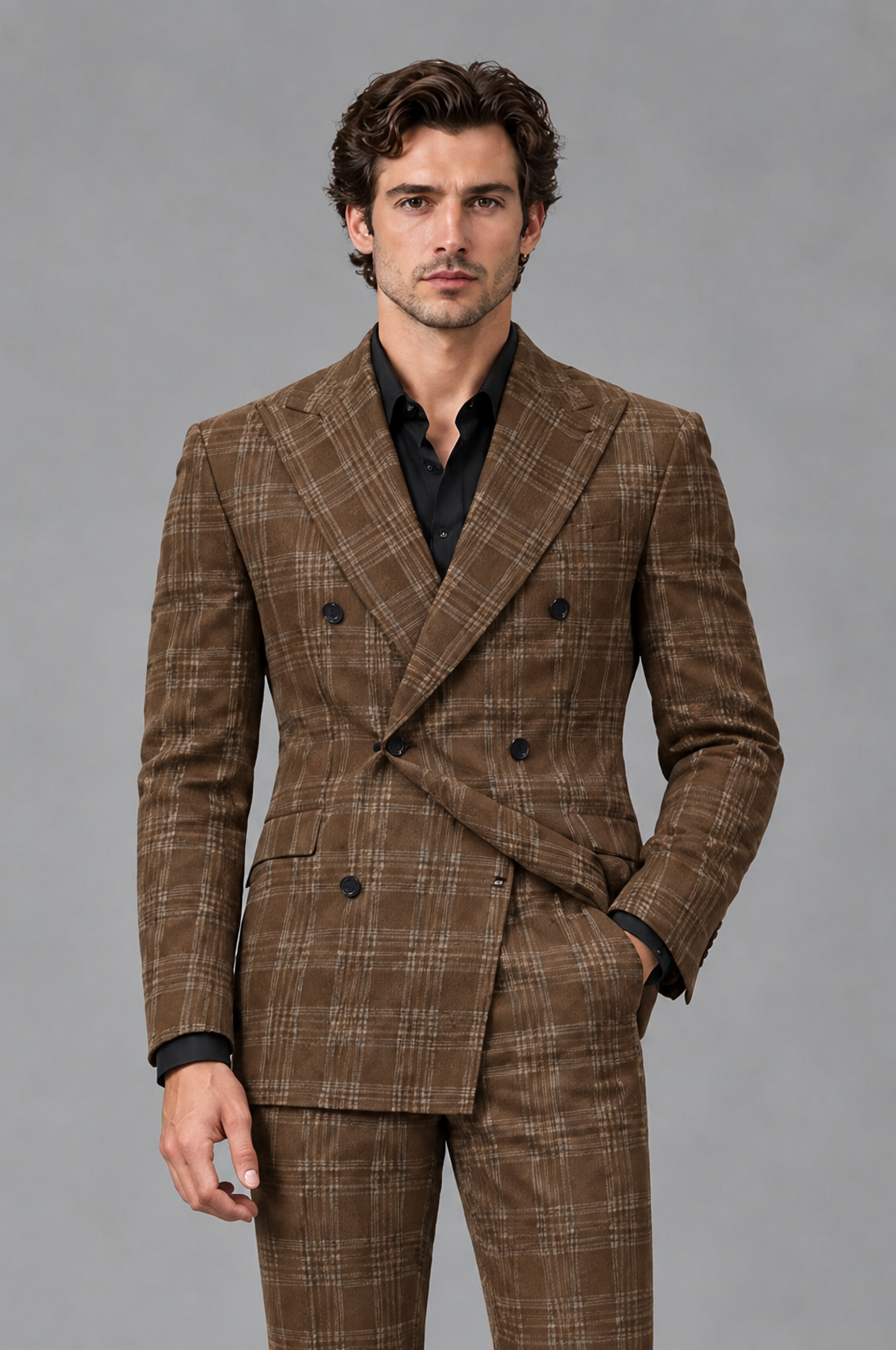 Savile Men's Rust Plaid 2-Piece Double-Breasted Suit – Peak Lapel Slim-Fit Jacket & Trousers Set - Brown - Brown