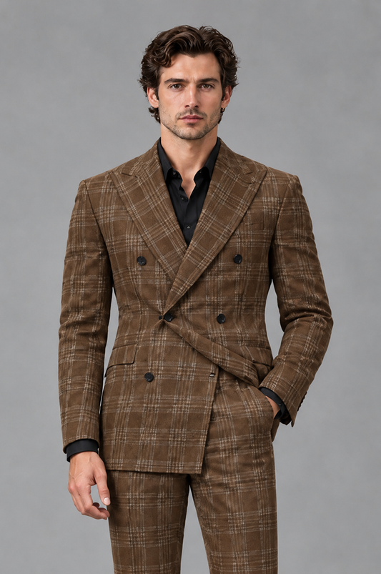 Savile Men's Rust Plaid 2-Piece Double-Breasted Suit – Peak Lapel Slim-Fit Jacket & Trousers Set - Brown - Brown