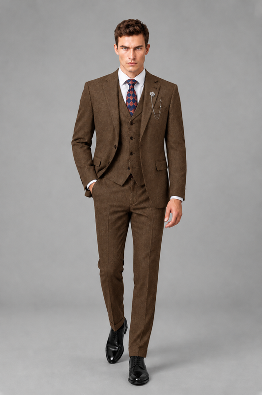 Savile Men's Grey Notch Lapel 3-Piece Suit Set | Jacket, Vest & Trousers - Brown - Brown