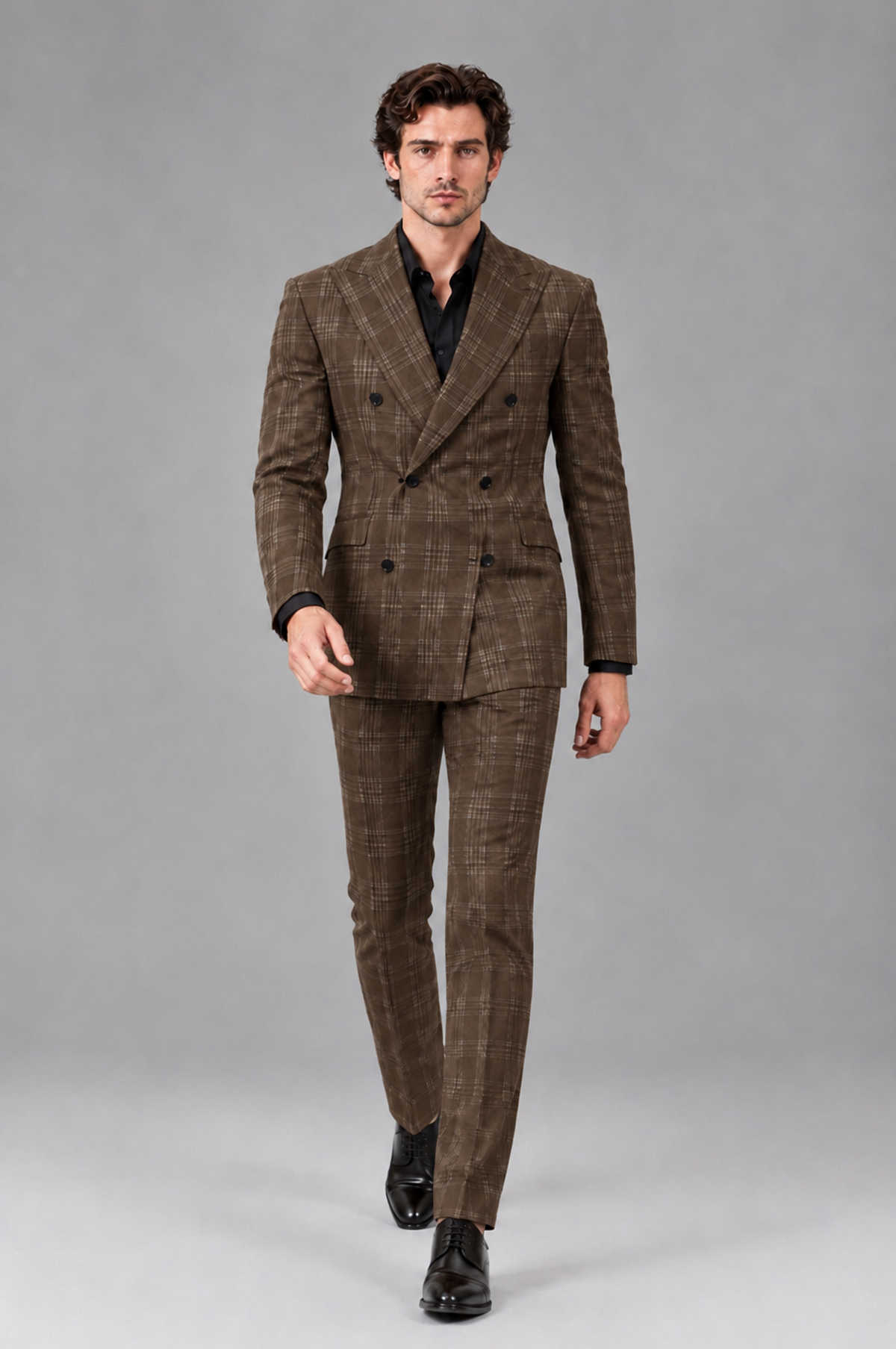Savile Men's Rust Plaid 2-Piece Double-Breasted Suit – Peak Lapel Slim-Fit Jacket & Trousers Set - Brown - Brown