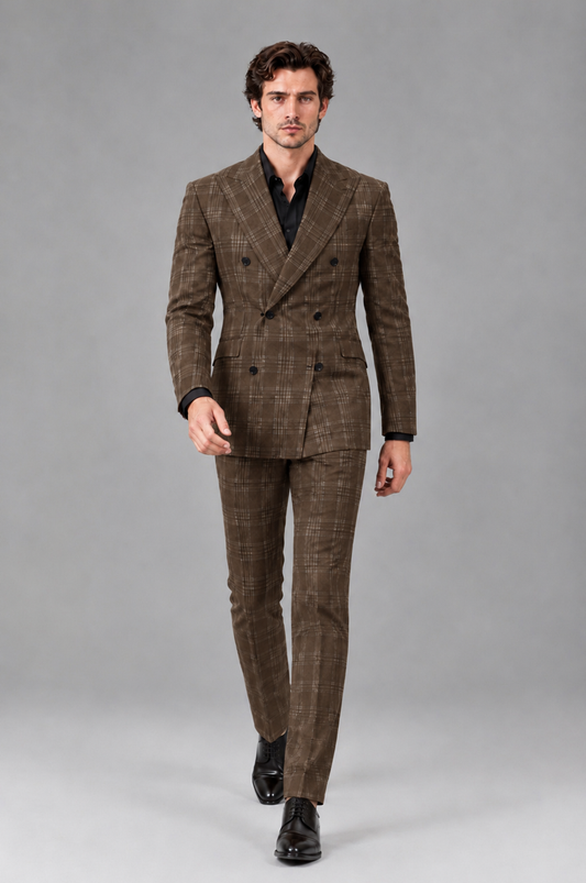 Savile Men's Rust Plaid 2-Piece Double-Breasted Suit – Peak Lapel Slim-Fit Jacket & Trousers Set - Brown - Brown