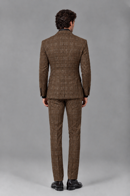 Savile Men's Rust Plaid 2-Piece Double-Breasted Suit – Peak Lapel Slim-Fit Jacket & Trousers Set - Brown - Brown