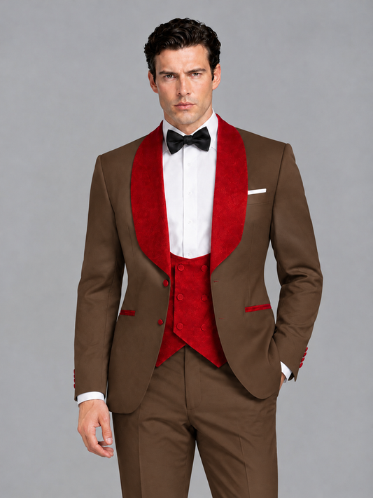 Savile Men's Brown 3-Piece Tuxedo Suit Set – Contrast Red Shawl Lapel Blazer, Red Waistcoat & Trousers - SUC020 - Brown