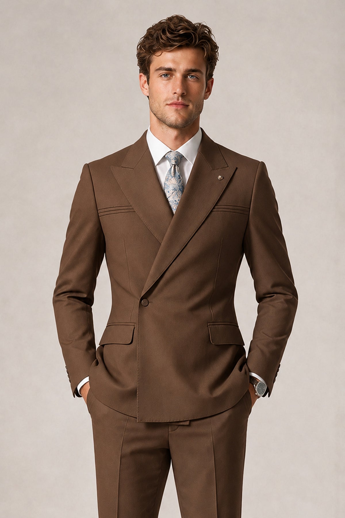 Savile Men's Brown Double-Breasted Slim Fit 2-Piece Suit Set – Peak Lapel Blazer & Cuffed Trousers | Wedding Prom Formal - Brown