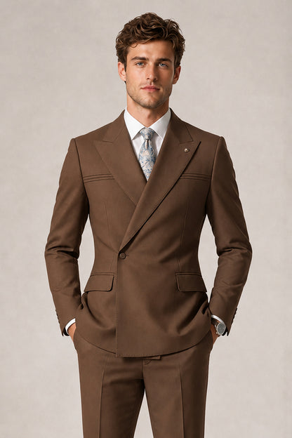 Savile Men's Brown Double-Breasted Slim Fit 2-Piece Suit Set – Peak Lapel Blazer & Cuffed Trousers | Wedding Prom Formal - Brown