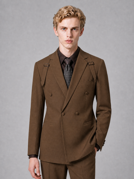 Men's Light Brown Double-Breasted Slim Fit 2-Piece Suit – Peak Lapel Wedding & Business Formal Set - Brown - Brown_1