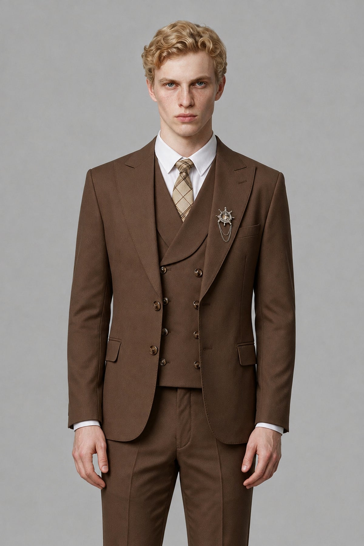 Savile Men's Brown Three-Piece Wedding Suit with Double-Breasted Waistcoat - Brown