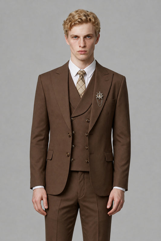 Savile Men's Brown Three-Piece Wedding Suit with Double-Breasted Waistcoat - Brown