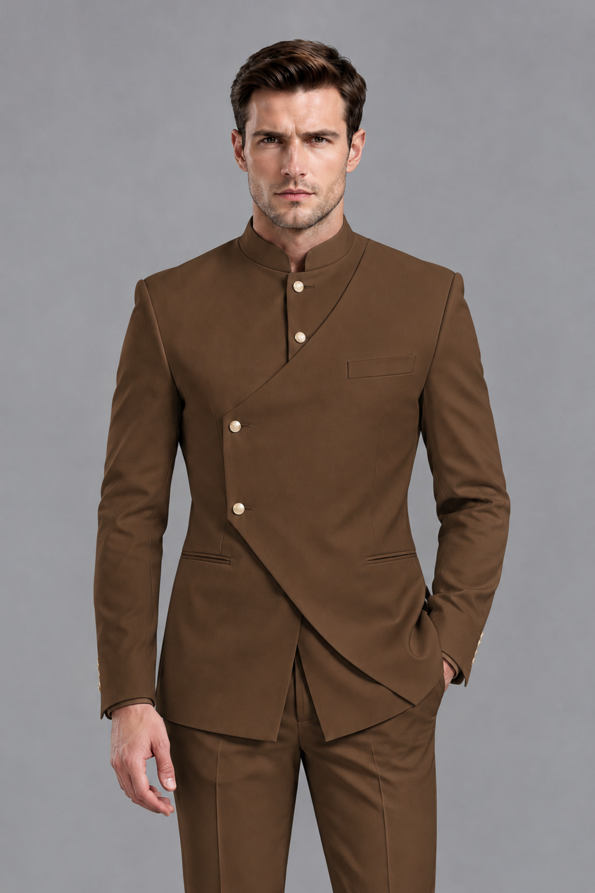 Savile Men's Brown Asymmetrical Mandarin Collar Tuxedo Suit – Modern 2-Piece Gold Button Wedding, Prom & Gala Set - Brown - Brown_1