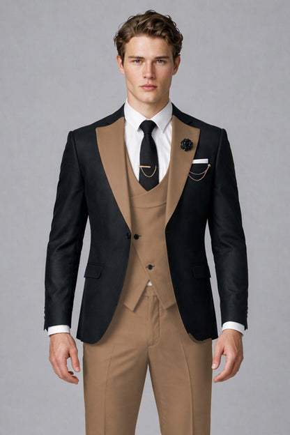 Savile Men's Black & Brown Three-Piece Wedding Suit - Brown