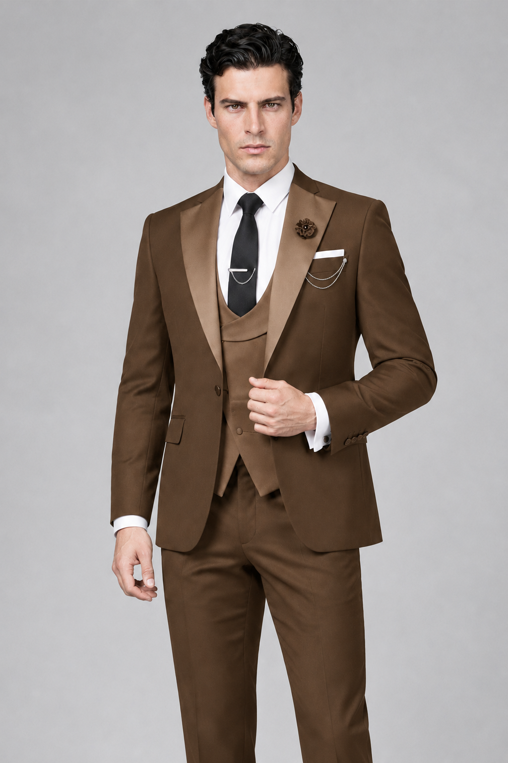 Savile Men's Brown 3-Piece Tuxedo Suit – Contrast Silver Peak Lapel & Grey Vest Formal Set - Brown - Brown_1