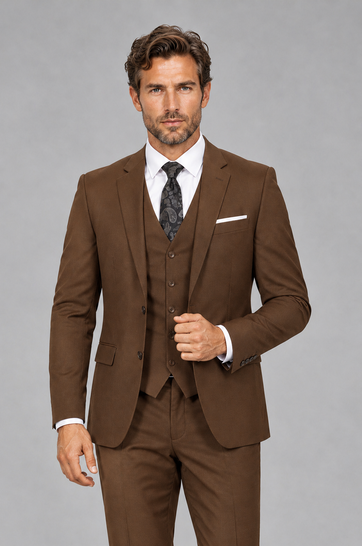 Savile Men's Brown 3-Piece Suit Set – Notch Lapel Blazer, Vest & Trousers - Brown - Brown_1