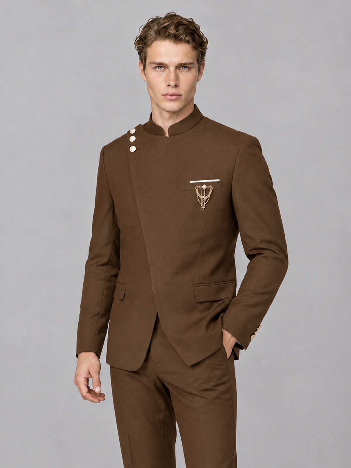 Savile Men's Brown Mandarin Collar Asymmetrical 2-Piece Suit Set – Modern Jacket & Trousers - Brown - Brown_1
