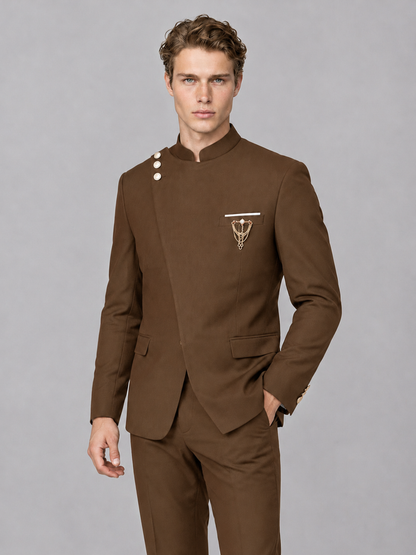 Savile Men's Brown Mandarin Collar Asymmetrical 2-Piece Suit Set – Modern Jacket & Trousers - Brown - Brown_1