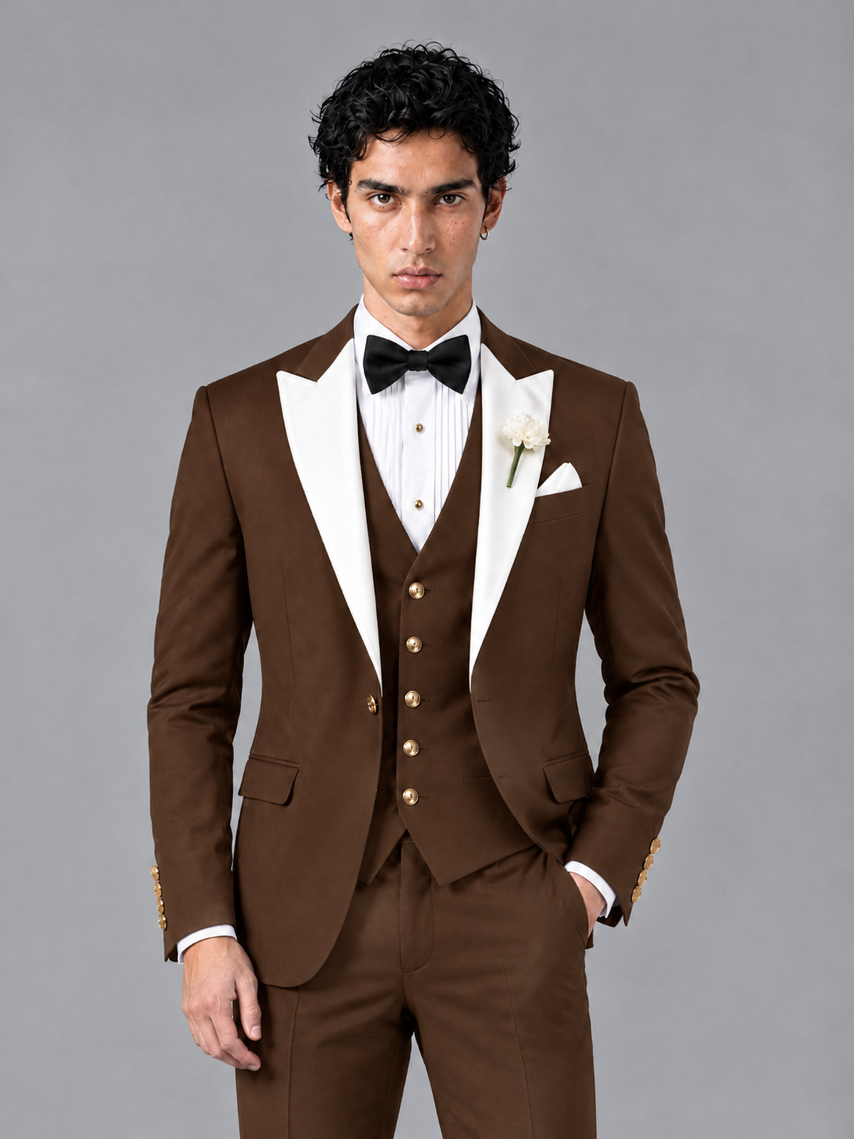 Savile Men's Brown Contrast White Peak Lapel 3-Piece Tuxedo Suit - Brown