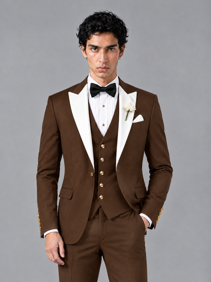 Savile Men's Brown Contrast White Peak Lapel 3-Piece Tuxedo Suit - Brown