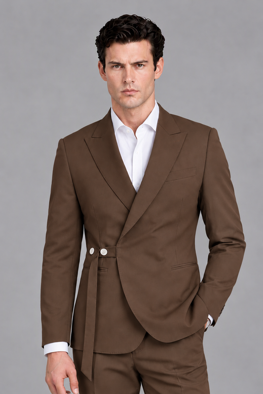 Savile Men's Modern Brown 2-Piece Wrap Suit Set – Peak Lapel Side-Button Blazer & Tailored Trousers - Brown - Brown_1