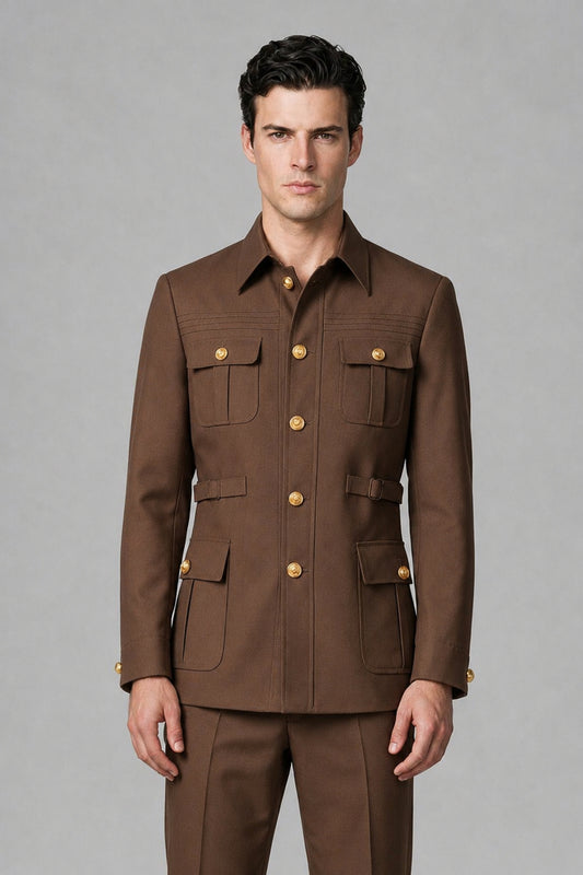 Savile Brown Safari Jacket & Trousers Two-Piece Men's Suit - Brown