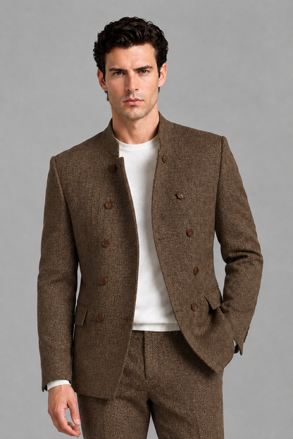 Savile Men's Brown Stand Collar Double Breasted Slim Fit 2-Piece Suit Set – Jacket & Trousers | Wedding Gala Formal - Brown