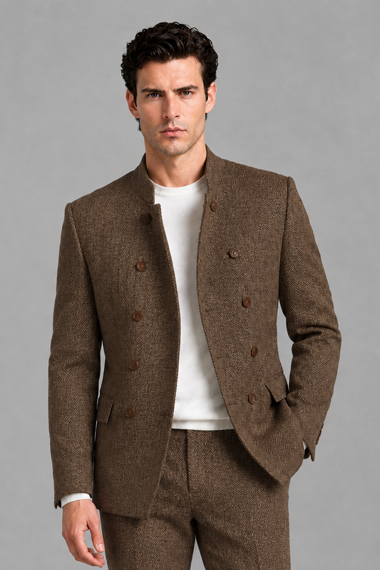 Savile Men's Brown Stand Collar Double Breasted Slim Fit 2-Piece Suit Set – Jacket & Trousers | Wedding Gala Formal - Brown
