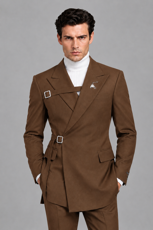 Savile Men's Brown Double Buckle Wrap Belted 2-Piece Suit Set – Peak Lapel Slim-Fit Jacket & Trousers - Brown - Brown_1
