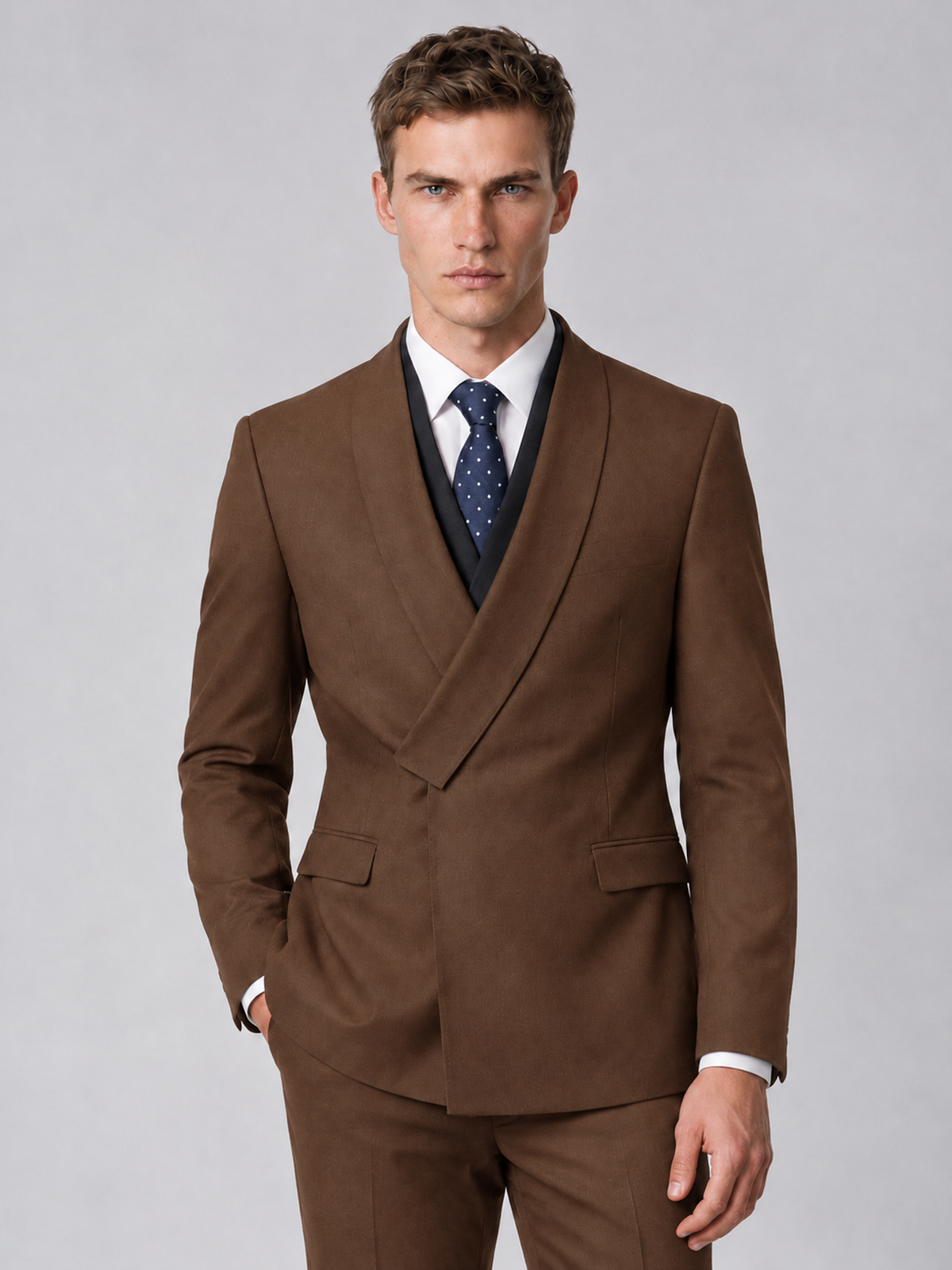 Savile Men's Brown Wrap Shawl Lapel 2-Piece Suit Set – Modern Jacket & Trousers - Brown - Brown_1