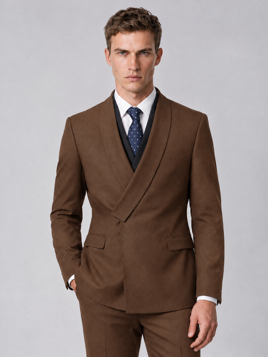 Savile Men's Brown Wrap Shawl Lapel 2-Piece Suit Set – Modern Jacket & Trousers - Brown - Brown_1