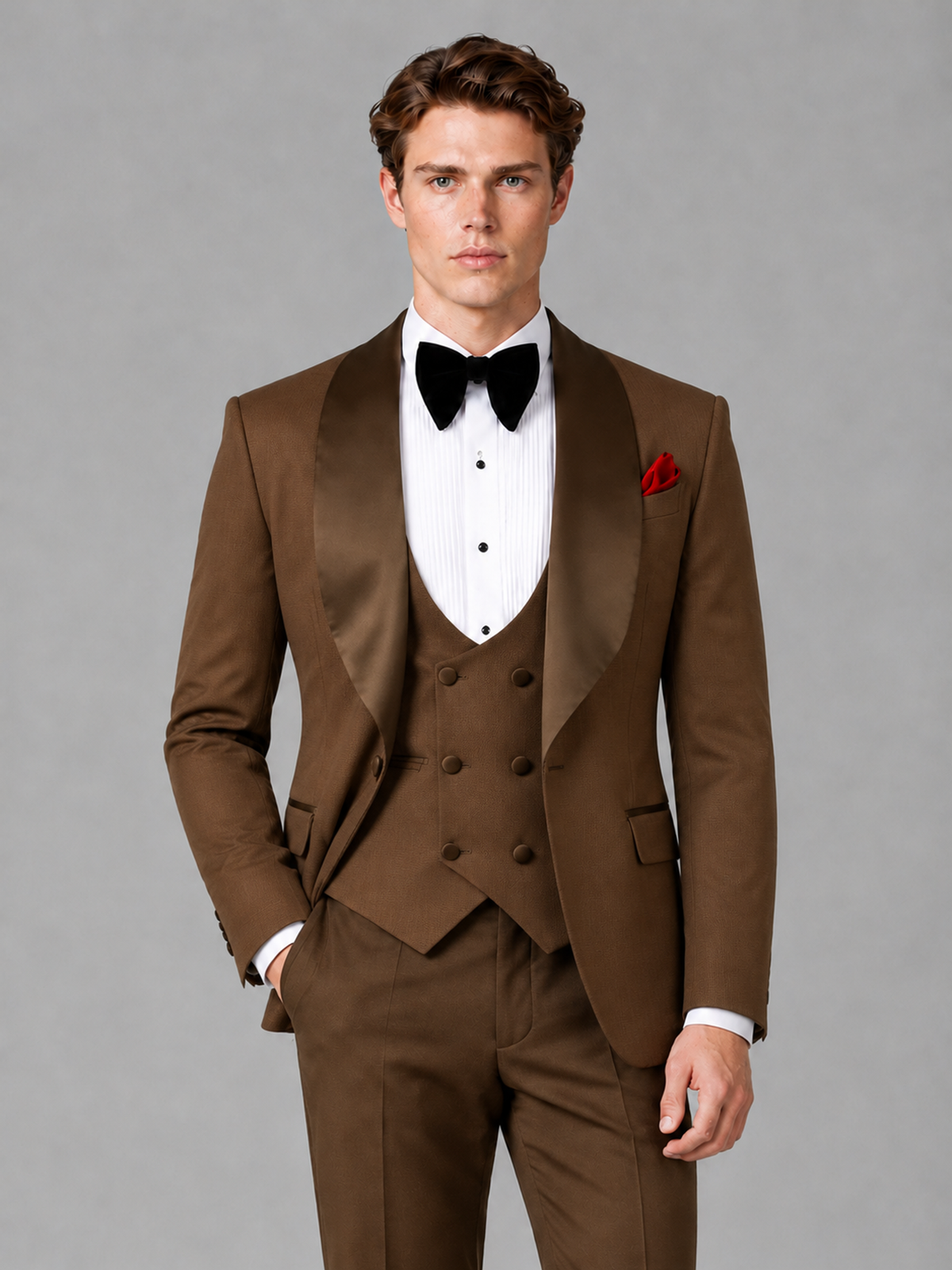 Savile Men's Brown Houndstooth Shawl Lapel 3-Piece Tuxedo Suit Set – Jacket, Vest & Trousers - Brown