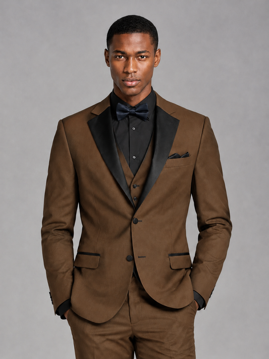Savile Men's Brown Contrast Shawl Lapel Tuxedo Suit – 3-Piece Wedding, Prom & Black-Tie Formal Set - Brown - Brown_1