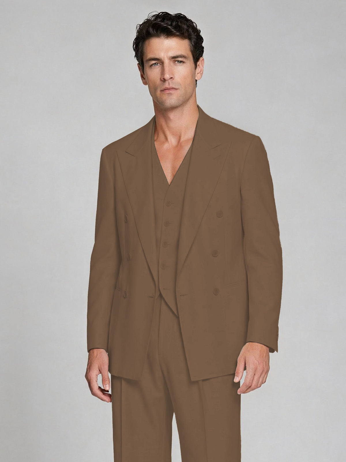 Men's Brown Double-Breasted 2-Piece Suit – Peak Lapel Wedding & Beach Formal Set with Vest - Brown