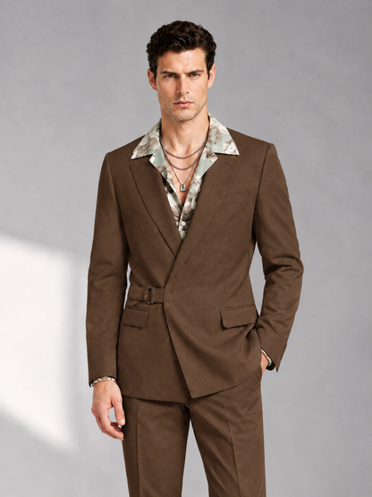 Savile Men's Brown Belted Wrap 2-Piece Suit – Peak Lapel Blazer & Tailored Trousers - SUC060 - Brown - Brown_1